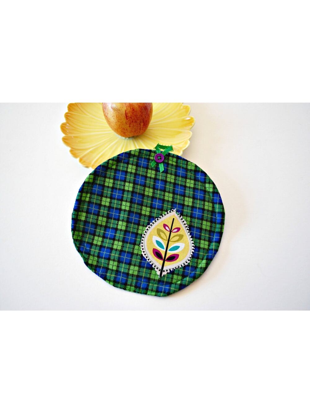 Handmade Mid-Century Inspired Plaid Print Pot Holder or Trivet with Leaf Patch